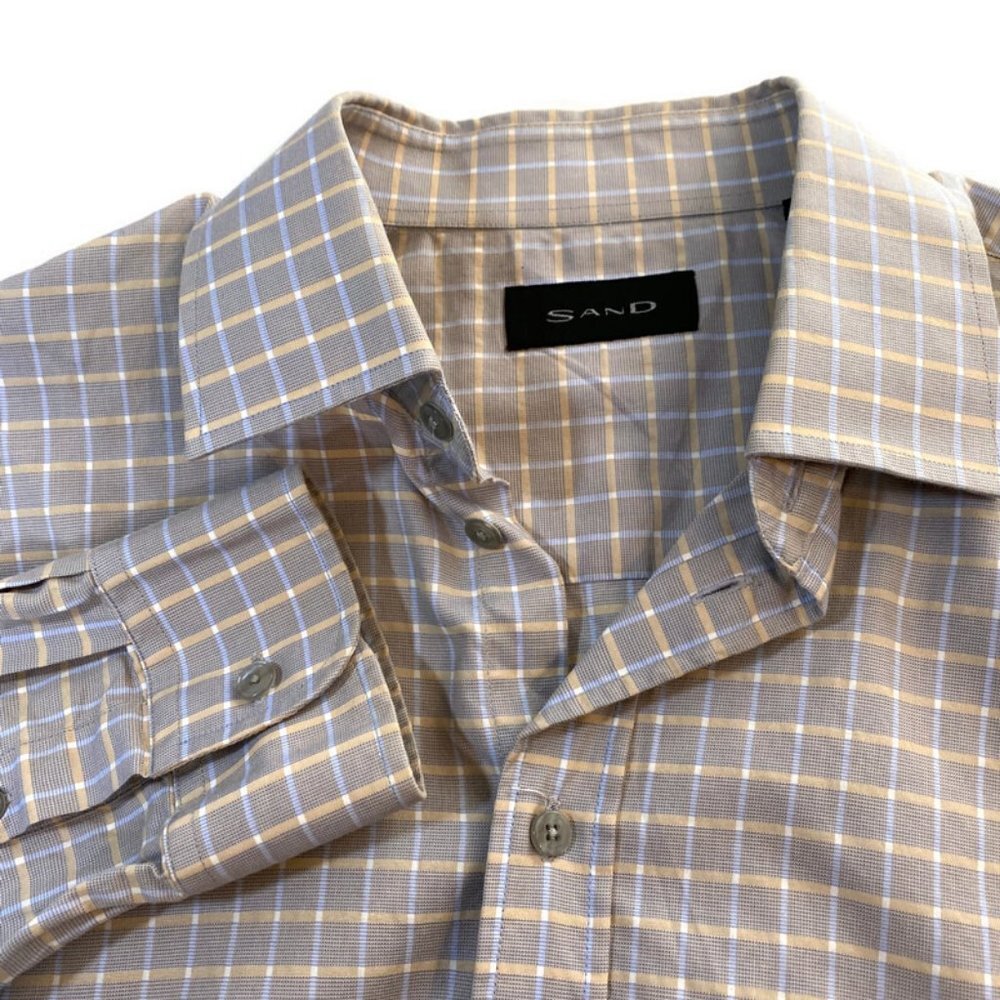 Sand Copenhagen Button Shirt Sz XL 43/17 Check Long Sleeve Blue Tan Career